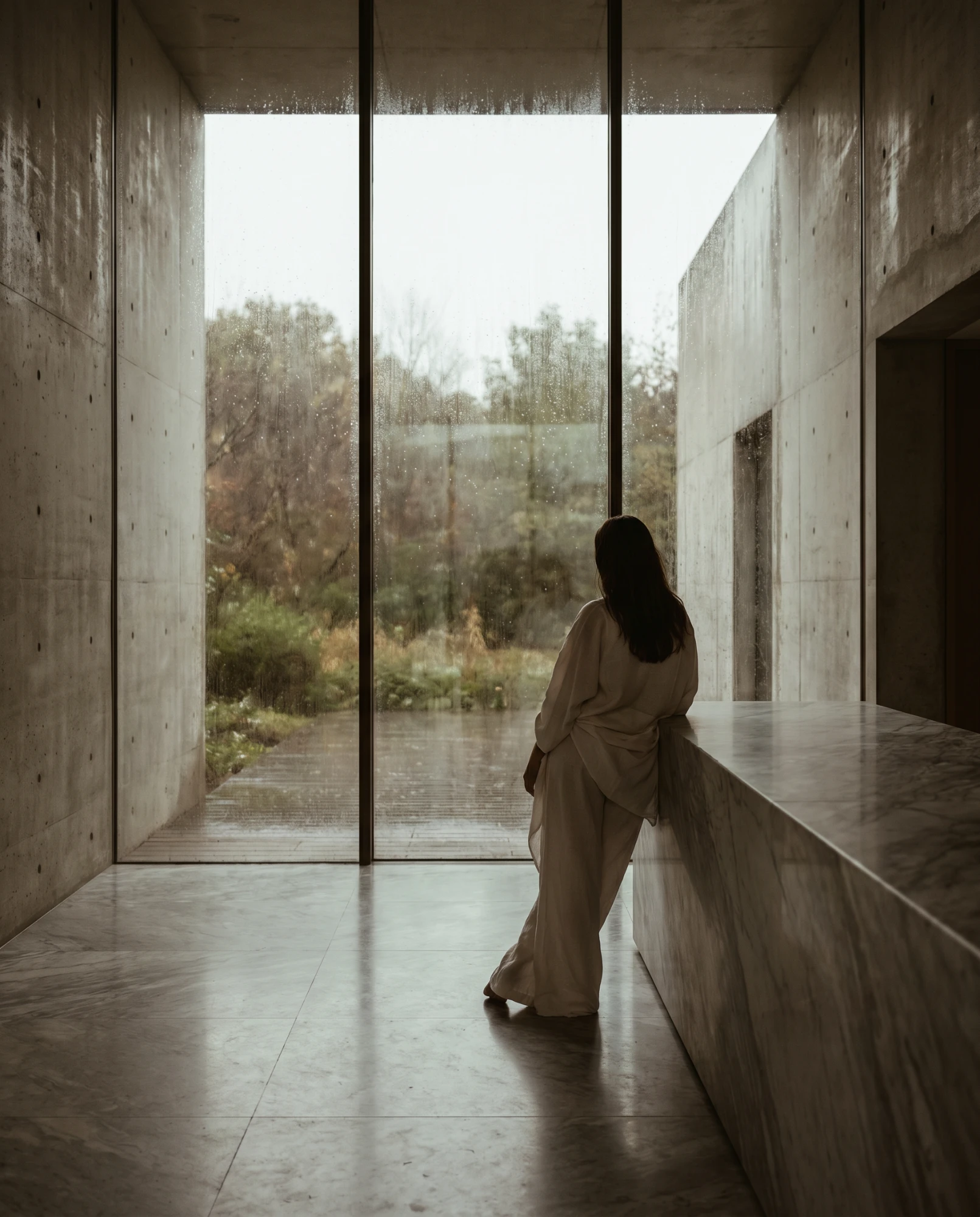 Render interior de hormigón con ventanal y lluvia, realizado por Angie Studio